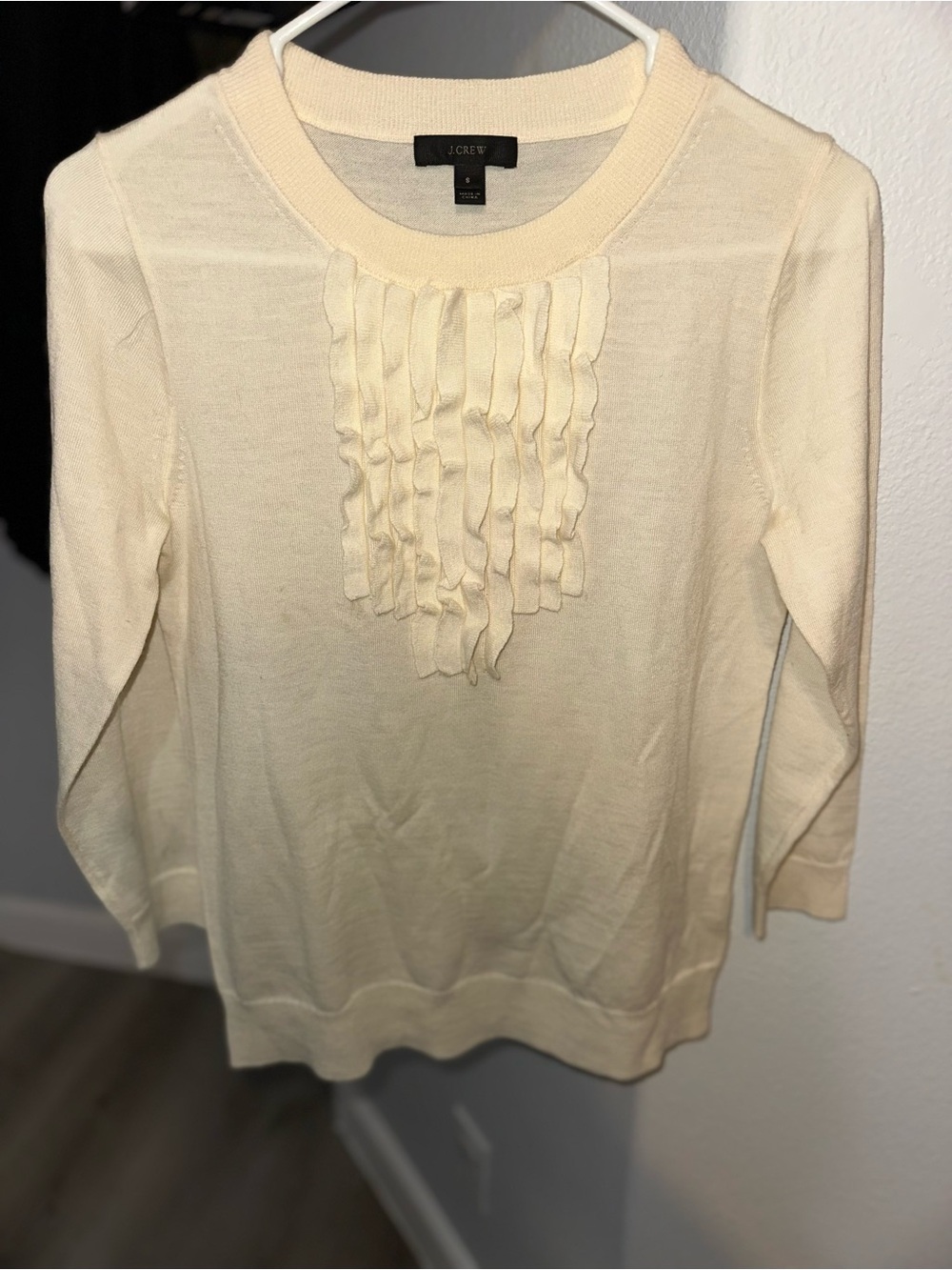 J. Crew Cream Ruffle-Front Long Sleeve Merino Wool Top